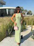 Nukty Women Elegant Round Neck Maxi Dress Fashion Green Sleeveless Bodycon Beach Robes Summer New High Street Vocation Dresses