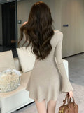 Nukty Autumn Solid Knitted Dresses for Women Elegant Fashion V-Neck Slim Evening Party Mini Dress Female A-Line Casual Vestidos Mujer