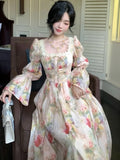 Nukty Autumn Women Painting Printed Long Dress French New Square Collar Lantern Sleeve Midi Dress Casual Lace-up Lady Vestidos Largos