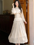 Nukty Elegant Chic French Pleated Solid Dresses New Puff Sleeves Slim Wasit Midi Women's Dresses Party Prom Female Clothes Mujer