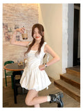 Nukty Summer Sweet Korean Fashion White Retro Dress Square-Neck Slim Wasit Sleeveless Flower Lace-up Small Vest Dress Women New 2025