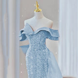 Nukty Baby Blue Mermaid Evening Dress Off Shoulder Sequins Elegant Prom Party Gowns Formal Occasion Dress Vestido De Gala