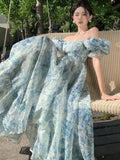 Nukty Blue Printed Beach Skirt For Women's Dresses Summer New Organza Design With Ruffled Edges Seaside Vacation Long Skirt  Dress New