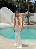 Nukty Women Hollow Out Lace Backless Slim Long Dress Fashion Off Shoulder Halter Dresses Chic New Sexy Female Party Club Robes