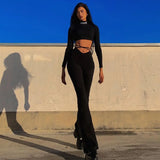 Nukty Sexy High-waist Bell-bottoms Women Slim Fit Lace Up Casual Skinny Pants Y2K Harajuku Street Elastic Wide Leg Trousers