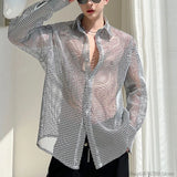 Nukty Transparent Mesh Shirt Hollow Out Jacket Personality Breathable Youth Fashion Long Sleeve Tops Men Lapel Party Clubwear