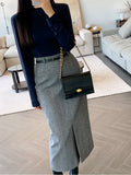 Nukty Elegant Women Striped Faux Wool Pencil Skirts Belted Spring Autumn Office Ladies Casual A-Line High Waist Midi Skirt