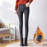 Nukty Oversized Slim Velvet Lined Jeans Pencil Pants Winter Women Plush Stretch Vaqueros Trousers Mid Waist Thicken Warm Denim Spodnie