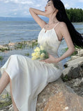 Nukty Spring Elegant Beige Long Dress Women New Fashion Spaghetti Strap Dresses Female Evening Party Prom Robe Summer Satin Gown Mujer