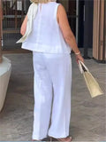 Nukty Simple Cotton Linen Women's Suits Summer Fashion Sleeveless Loose Blouse Wide Leg Pants Two Piece Set For Women Casual Outfits