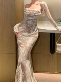 Nukty Elegant Bodycon Slim Lace Dress Women Sexy Vintage Casual Backless Bandage Party Dresses Female Fashion Long Robe Clothes Autumn
