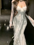 Nukty Women's Floral Ruffles Sexy Slim Dresses  French Vintage Women White Lace Long Sleeved Dress Summer Holiday A-line Vestidos New