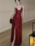 Nukty Sexy Slim Evening Gown Luxury Dresses Women's Backless V-Neck Split Maxi Dress Fashion Robe Birthday Party Spring Autumn New