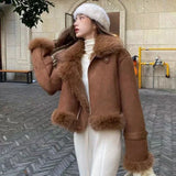 Nukty Winter Coat Women Faux Deerskin Leather Fur Jacket Fashion Streetwear Lapel Short Motorcycle Biker Coats Outwear Mujer Tops