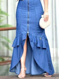 Nukty Women Fashion Plain Boat Neck Short Sleeve Tulip Hem Maxi Denim Bodycon Dress Denim Dress Casual Long Dresses Streetwear