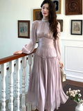 Nukty Elegant Chic French Pleated Solid Dresses New Puff Sleeves Slim Wasit Midi Women's Dresses Party Prom Female Clothes Mujer