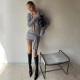 Nukty Turn-down Collar Long Sleeve Solid Bandage MIni Dress Y2K Casual Slim Dress Chic Fall Streetwear Party Women's Clothing