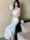 Nukty Elegant Satin Mermaid Dresses for Women V-Neck Long Sleeves Spaghetti Strap Evening Party Dress Prom Robe One Piece Vestidos New