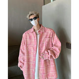 Nukty Autumn Fashion Men Women Plaid Shirts Oversize Button Up Long Sleeve Tops Korean Loose Casual Outwear Couples Shirt Pink/Blue