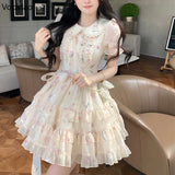 Summer Sweet Lolita Style Fairy Dress Women Cute Peter Pan Collar Floral Ruffles Princess Dresses Female Chic Vacation Vestidos