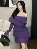 Nukty Women French Sexy Fairy Mini Dress Autumn Spring Purple Slash Neck Flare Long Sleeve Female Evening Party Prom Vestidos Outfits