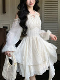 Nukty Elegant Off Shoulder Halter Ruffles Mini Dress Women Autumn Solid Fairy Long Sleeve A-Line Pleated Vestidos Mujer Korean Clothes