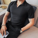 Nukty Summer Men's Clothing Luxury Jacquard Knit V Neck Short Sleeve Polo Shirt Leisure Breathable Fashion High Quality Knitwear S-3XL