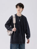 Nukty Men's Washed T-shirts 260G Thick Cotton High Street Retro Oversized Tee Korean Fashion Loose Y2K Tops Long Sleeve Tshirts