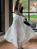 Nukty French Ruffle Pleated Elegant Fashion Evening Party Black White Women's Dresses Spliced A-Line Prom Spaghetti Strap Dress New
