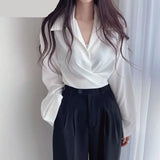 White Shirts Women Spring Korean Style Temperament Pure Chic Design Tops Lace-up Lapel New Office Lady All-match Popular Daily