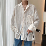 Nukty Shirts for men Apricot Handsome Lapel Men Blouse Vacation Hollow Out Sexy Fashion Men Clothing Male Mesh Long-sleeved Shirts
