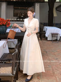 Nukty French Elegant Lace Long Dress Summer V-Neck Puff Sleeve Single Breasted Woman Dresses Office Lady Causal New Vestidos
