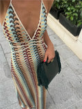 Nukty Women Colorful Printing Crochet Knit Long Dress Sexy Deep V-neck Backless Sleeveless Bodycon Robe Lady Vocation Dresses