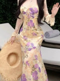 Nukty Summer Female Two-Piece Dress Set Sweet Fishtail Strap Dress V-neck Sleeveless Woman Floral Through Lace Cardigans New
