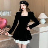 Nukty Korean Velvet Mini Dress Elegant Long Sleeve Square Collar Patchwork A-Line Birthday Party Vestidos High Waist Female Dresses