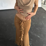 Nukty Women Elegant Solid Ruffles Skinny Skirt Sexy Ruched Bandage Casual High-waist Skirts Summer Office Street Short Dress