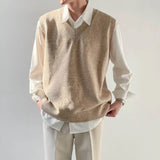 Nukty Spring Men's Clothing Luxury Knit Vest Sweater Retro V Neck Sleeveless Loose Stylish Vintage Solid Color Leisure Knitwear