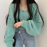 Nukty FALL OUTFITS Autumn Women Hollow Out Solid Sweater Lantern Sleeve O-Neck Knitted Pullovers For Women Winter Casual Loose Sweater