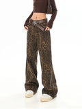 Nukty Tan Leopard Jeans Women Denim Pants Female Oversize Wide Leg Trousers Streetwear Hip Hop Vintage Clothes Loose Casual