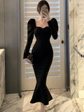 Nukty Elegant French Black Long Mermaid Dresses for Women Autumn Winter Square Collar Puff Sleeve High Waist A-Line Vestidos Mujer New