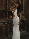 Nukty Women Hollow Out Lace Backless Slim Long Dress Fashion Off Shoulder Halter Dresses Chic New Sexy Female Party Club Robes