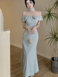 Nukty Sexy Solid Off Shoulder Mermaid Dresses Summer Slim Waist Vestidos Mujer Elegant Ruffles Slash Neck Bodycon Evening Party Dress