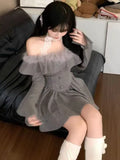 Nukty Korean Sweet Mini Dress Sexy Gray Off Shoulder Long Sleeves Lace-up A-Line Party Dresses Y2K Female One Piece Vestidos Mujer New