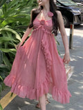 Nukty Sweet Ruffles Birthday Party Midi Dress Elegant Halter Spaghetti Strap Princess Evening Dresses Summer A-line Casual Vestidos