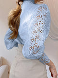 Nukty White Hollow Out Shirts Women Vintage Flower Lace Patchwork Blouse Ladies Autumn Casual Puff Sleeve Stand Collar Button Blusas