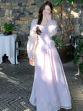 Nukty Elegant French Romantic Ruffles Chiffon Purple Women's Dresses Square-Collar Slim Wasit Long Sleeves  korean Dress Vacation New