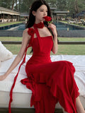 Nukty Women Elegant Backless Sexy Slip Dresses Summer Spring New Fashion Irregular Ruffles Holiday Beach Party Club Split Midi Dress