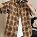 Nukty Casual Plaid Short Sleeve Shirt For Men Summer Japanese Vintage Loose Fit American Style Trendy Brand Jacket