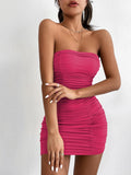 Nukty Sexy Women Pleated Mini Dress Solid Party Elegant Sleeveless Slim Bodycon Club Dresses Strapless Streetwear