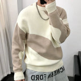 Nukty Man Clothes Round Collar Pullovers Knitted Sweaters for Men Crewneck Color Matching Black Cigaret Casual Korean Style Jumpers S